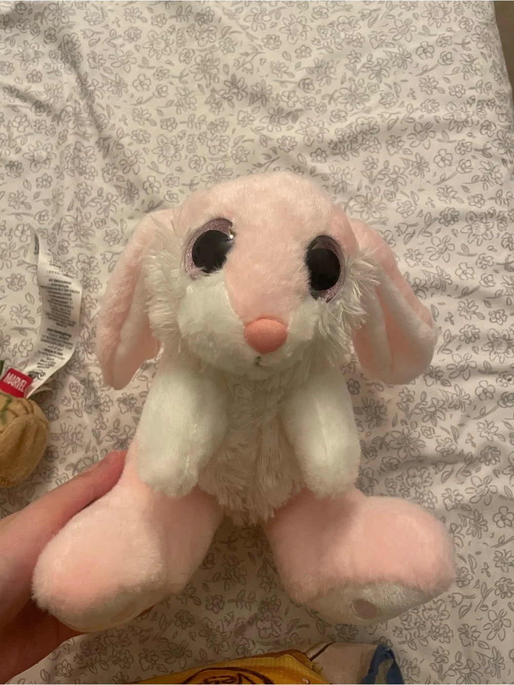 Vintage Pink Bunny Plush with Floral Dress and Yellow Bow